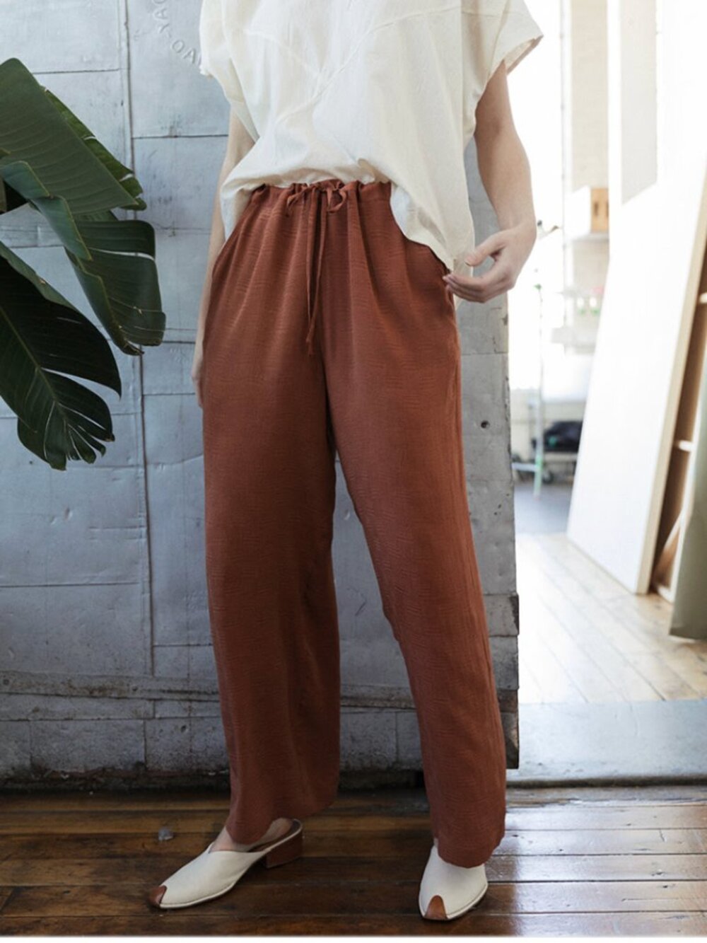 Drawstring Pants, rust silk jacquard